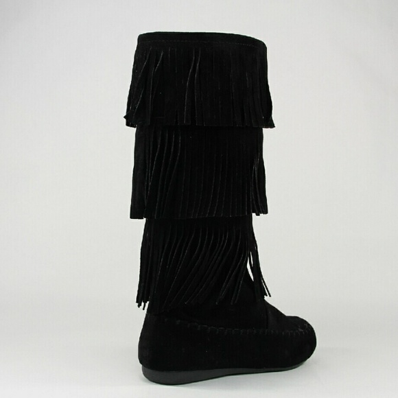 Women boots mid calf 3 layers moccasin fringes design Black - Picture 2 of 3
